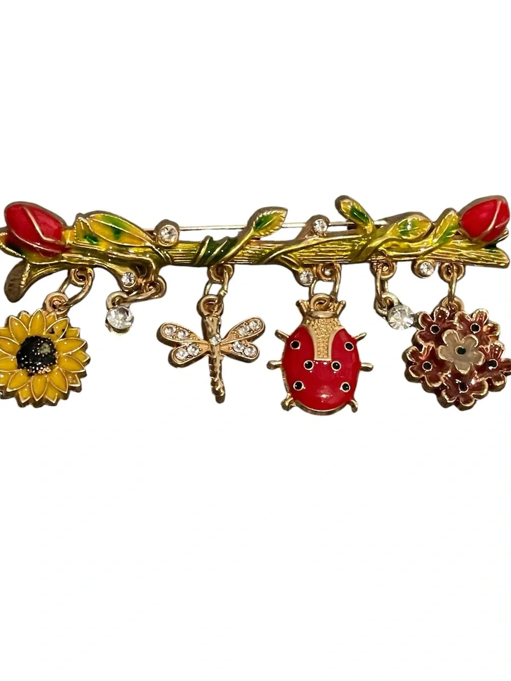Gold-tone Enamel Garden Charm Brooch with Red Ladybug and Floral Charms